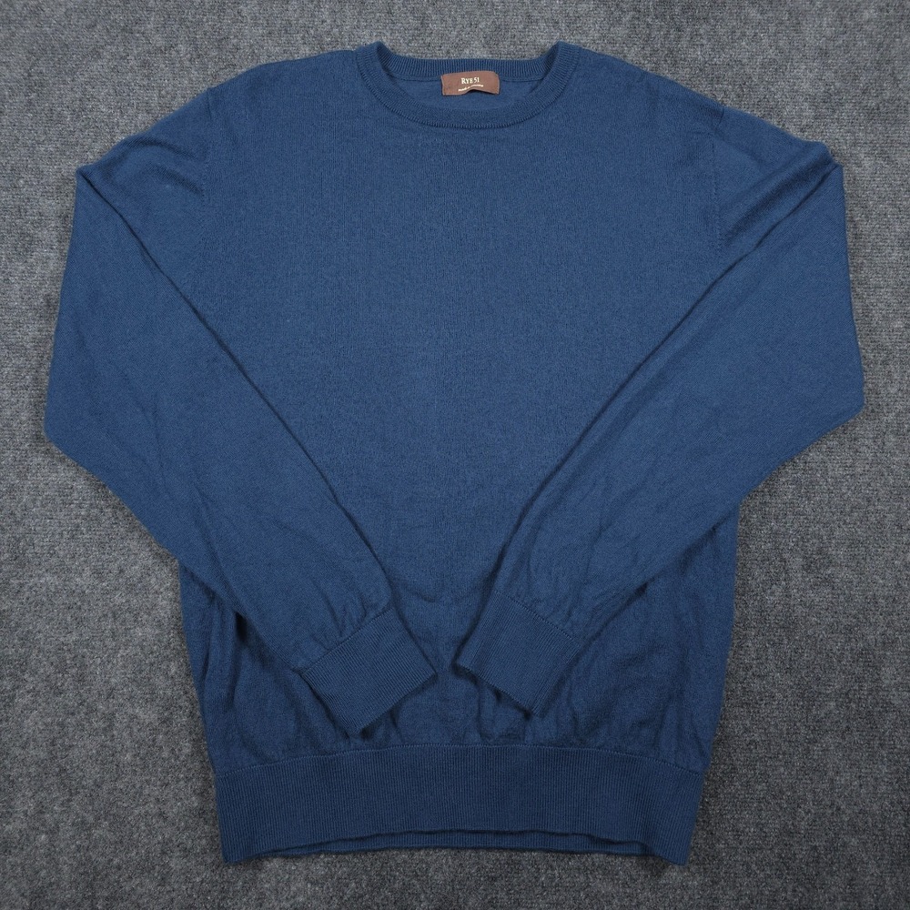 RYE 51 Crewneck Sweater Mens XL (Measures Small) Blue Merino Wool READ